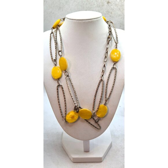 Vintage Yellow Bead & Silver-Tone Chain Statement Necklace 30" Boho Chic Style J - Picture 2 of 2